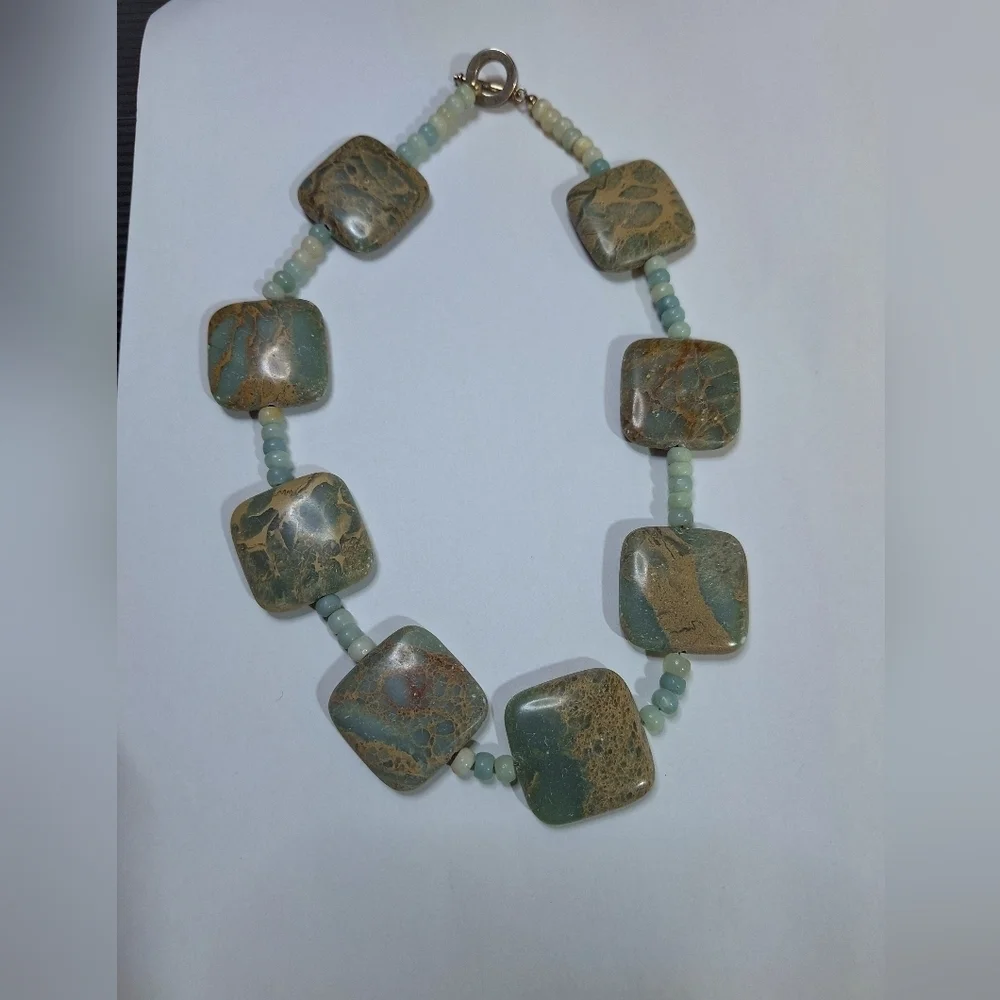Teal Beaded Square Stone Marble Style Statement Costume Jewelry Necklace - Picture 4 of 11